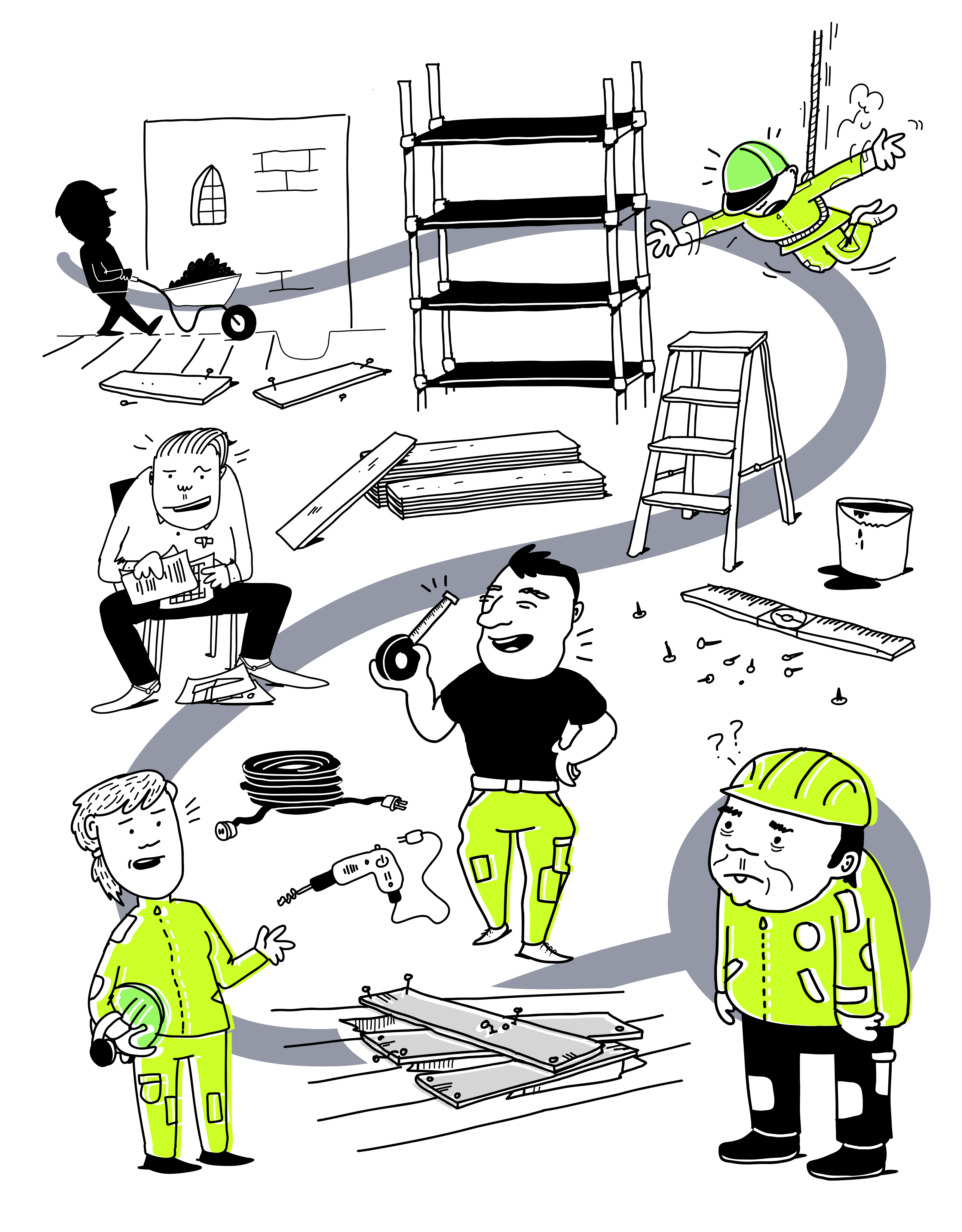 Cartoon of characters on building site